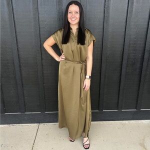 Glam olive green silky tie waist short sleeve maxi dress with side slits